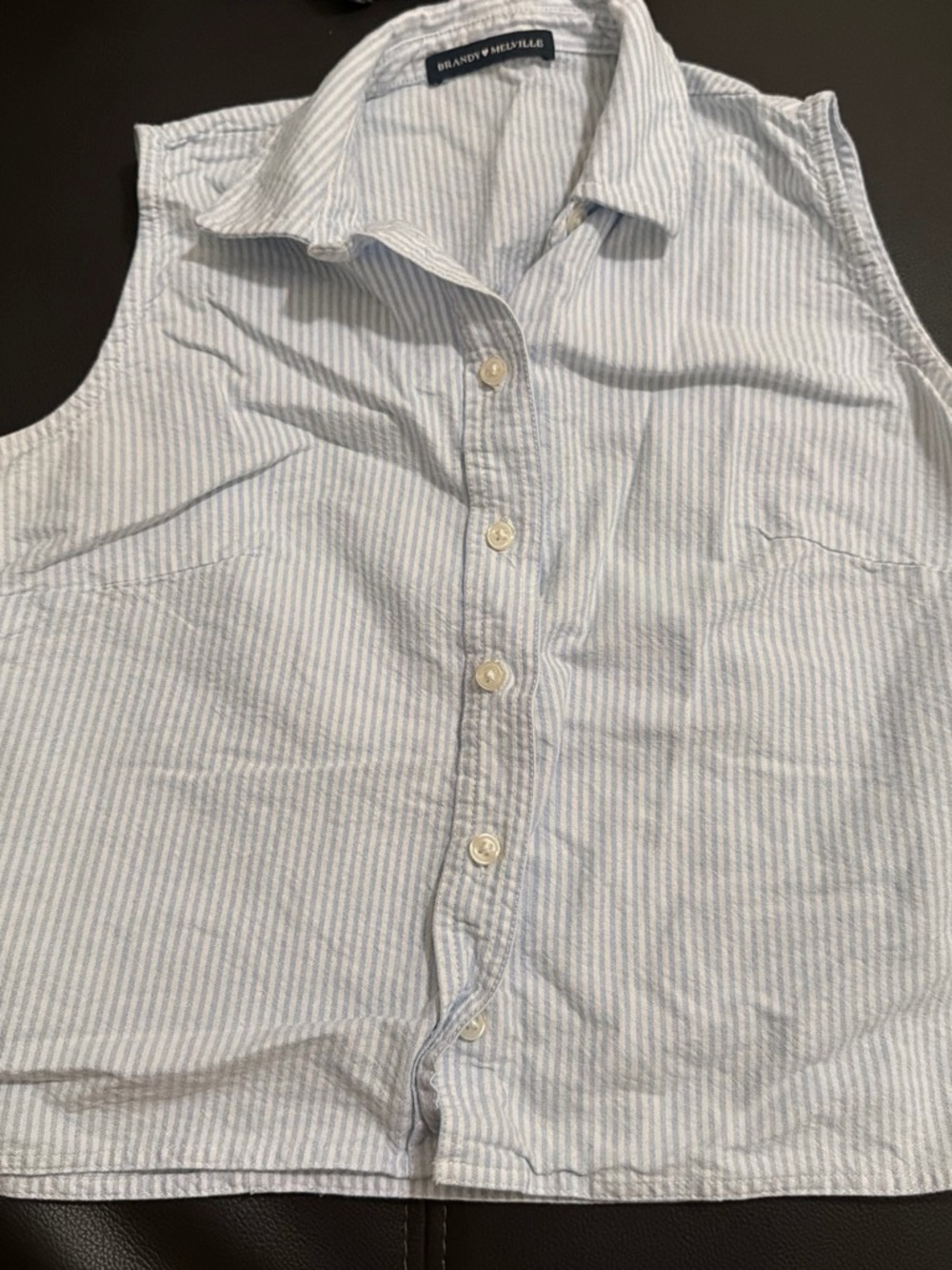 Brandy Melville Light Blue and White Striped Sleeveless Button-Down Shirt